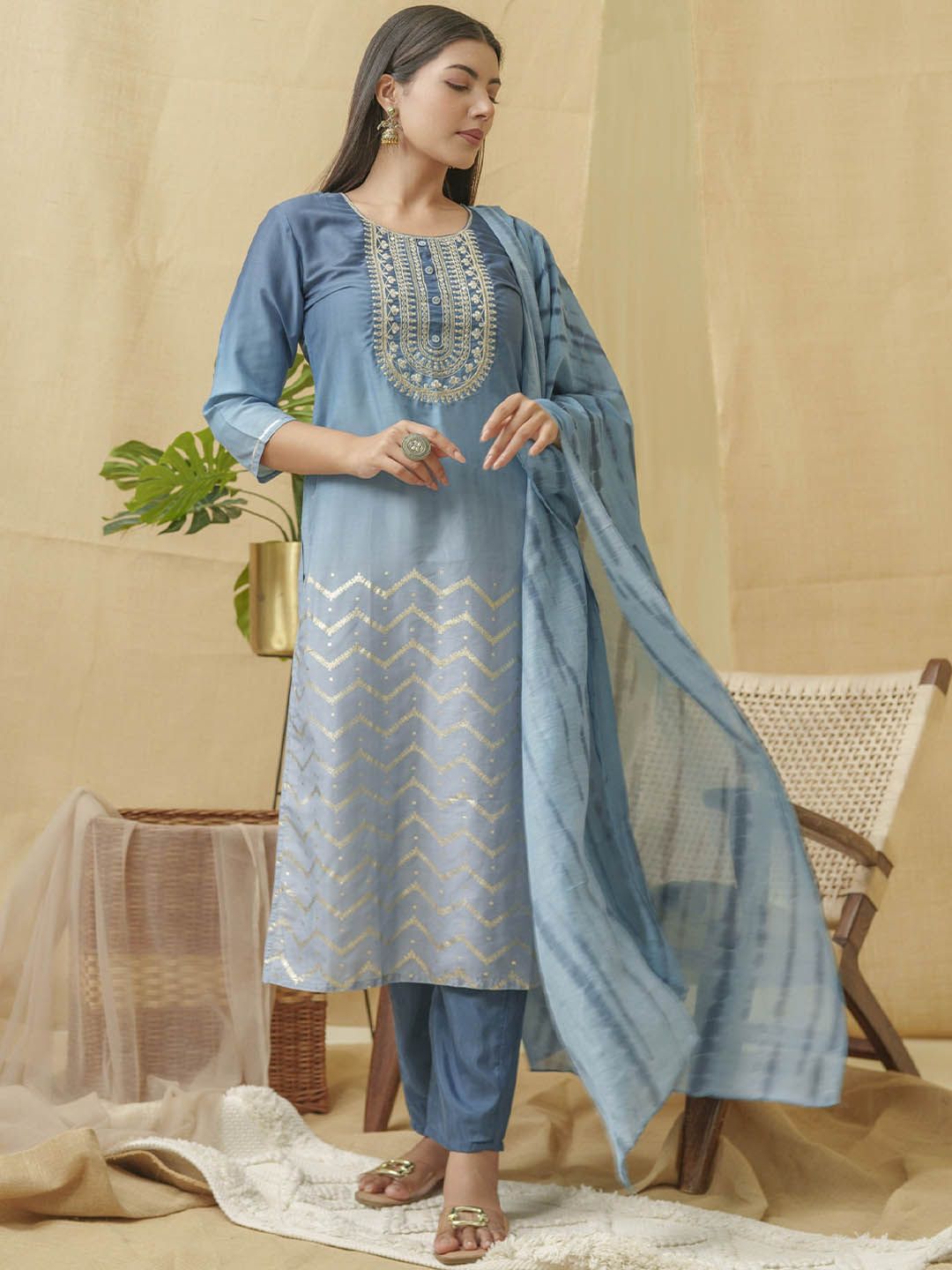 Dhiyona IS Women's Embroidered Round Neck Three-Quarter Sleeves Thread Work Linen Kurta Set
