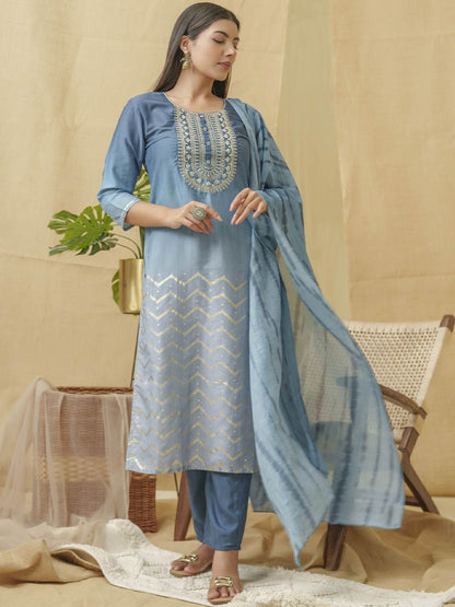 Dhiyona IS Women's Embroidered Round Neck Three-Quarter Sleeves Thread Work Linen Kurta Set