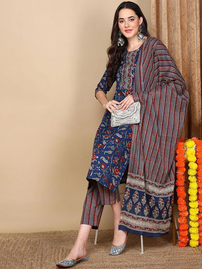 Dhiyona KL Floral Printed Straight Kurta with Trousers & Dupatta