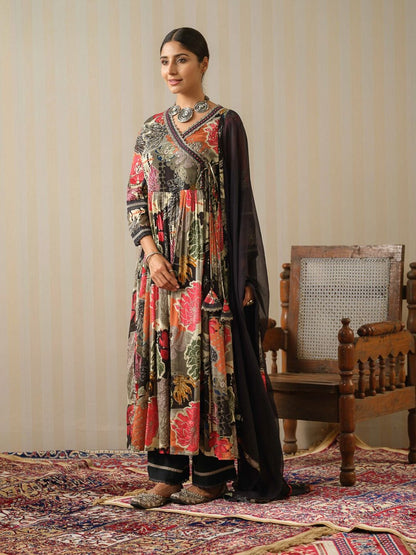 Dhiyona IS Women's Floral Printed Angrakha Sequinned Pure Silk Kurta with Trousers & Dupatta