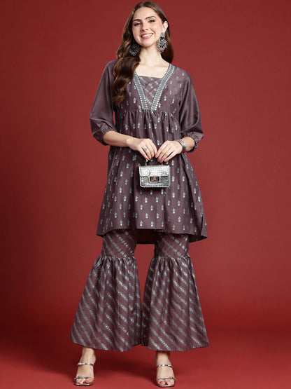 Dhiyona AN Floral Printed Regular Sequinned A-Line Kurti With Sharara