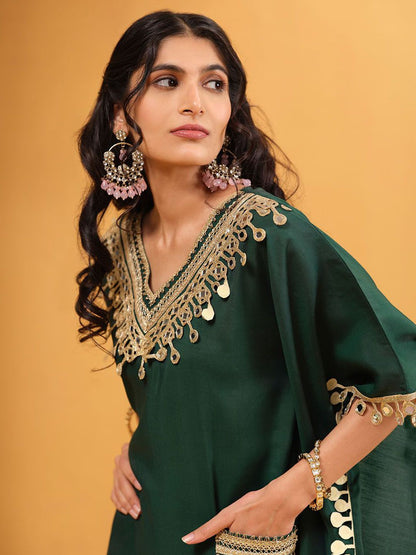 Dhiyona IS Women's Women Solid Embroidered Kaftan Kurta with Trousers