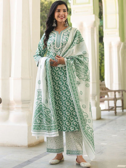 Dhiyona RR Women's Printed Pure Cotton Kurta with Trousers & With Dupatta
