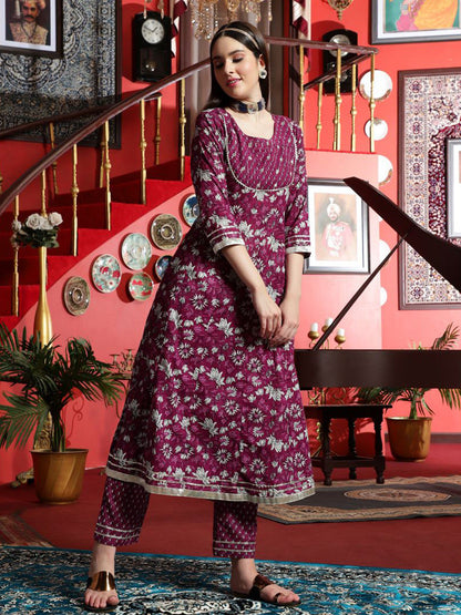 Floral Printed Round Neck Cotton A-Line Kurta With Trousers & Dupatta