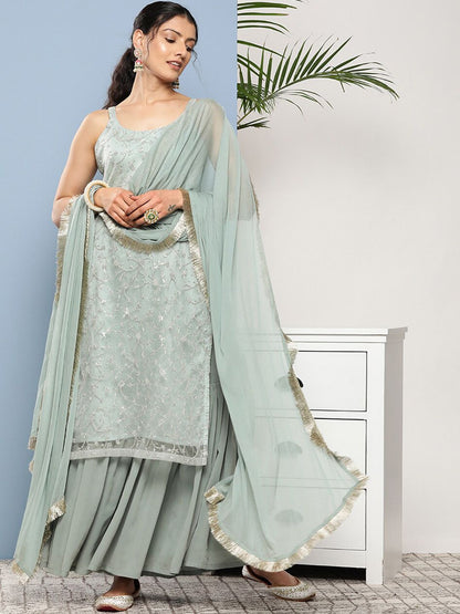 Dhiyona KL Floral Embroidered Regular Sequinned Shoulder Straps Kurta with Sharara & Dupatta