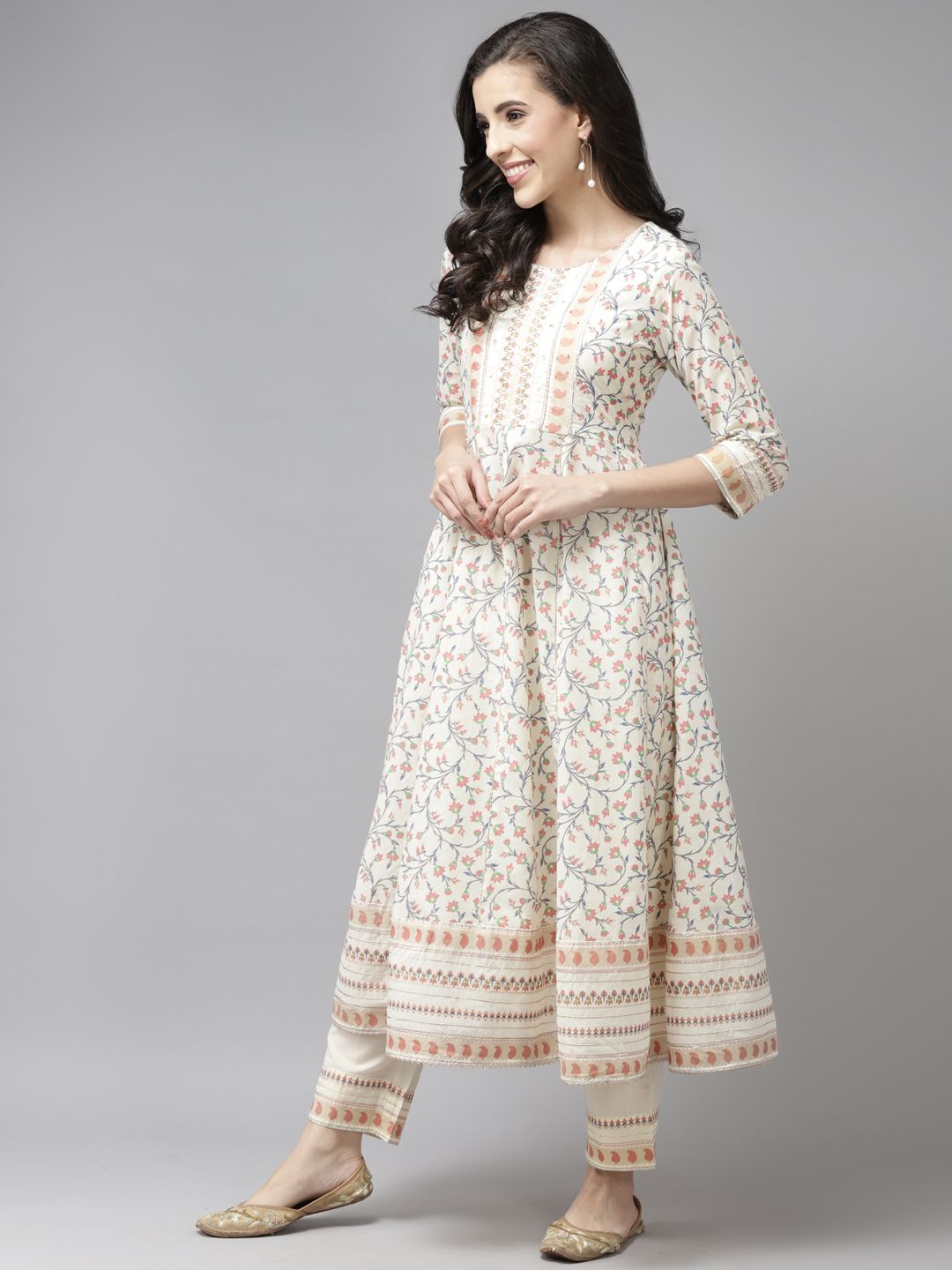 Dhiyona RR Women's Cream-Coloured Printed Pure Cotton Kurta with Trousers & Dupatta