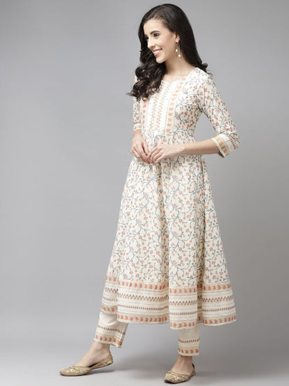 Dhiyona RR Women's Cream-Coloured Printed Pure Cotton Kurta with Trousers & Dupatta