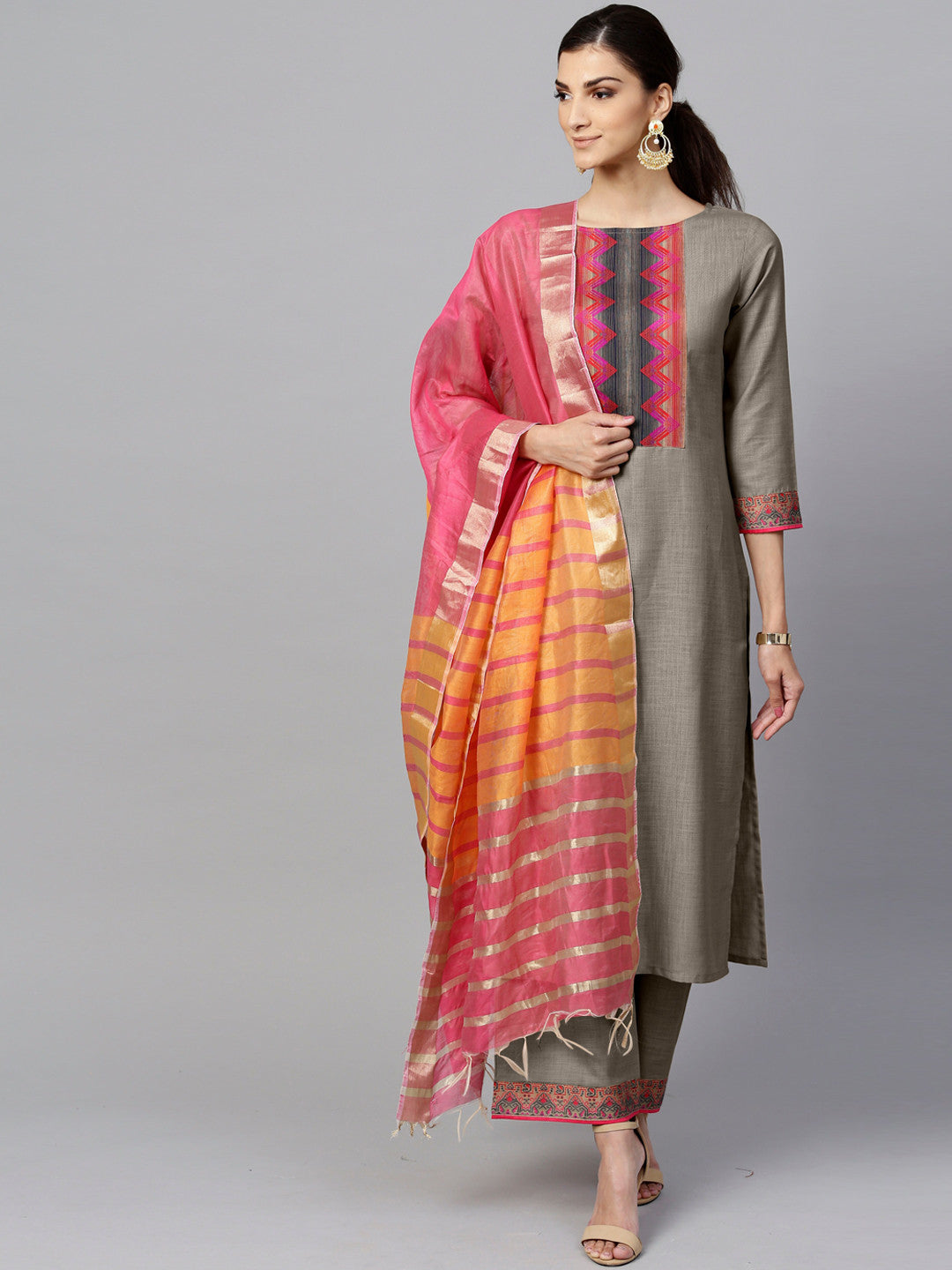 Women Grey Kurta with Palazzos & With Dupatta