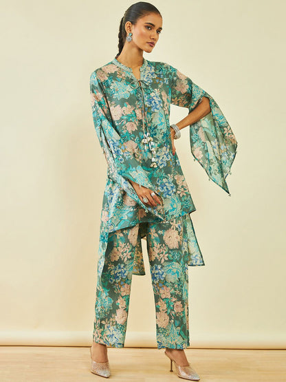 Dhiyona SO Women's Teal Floral Printed Regular Thread Work Kurta with Trousers