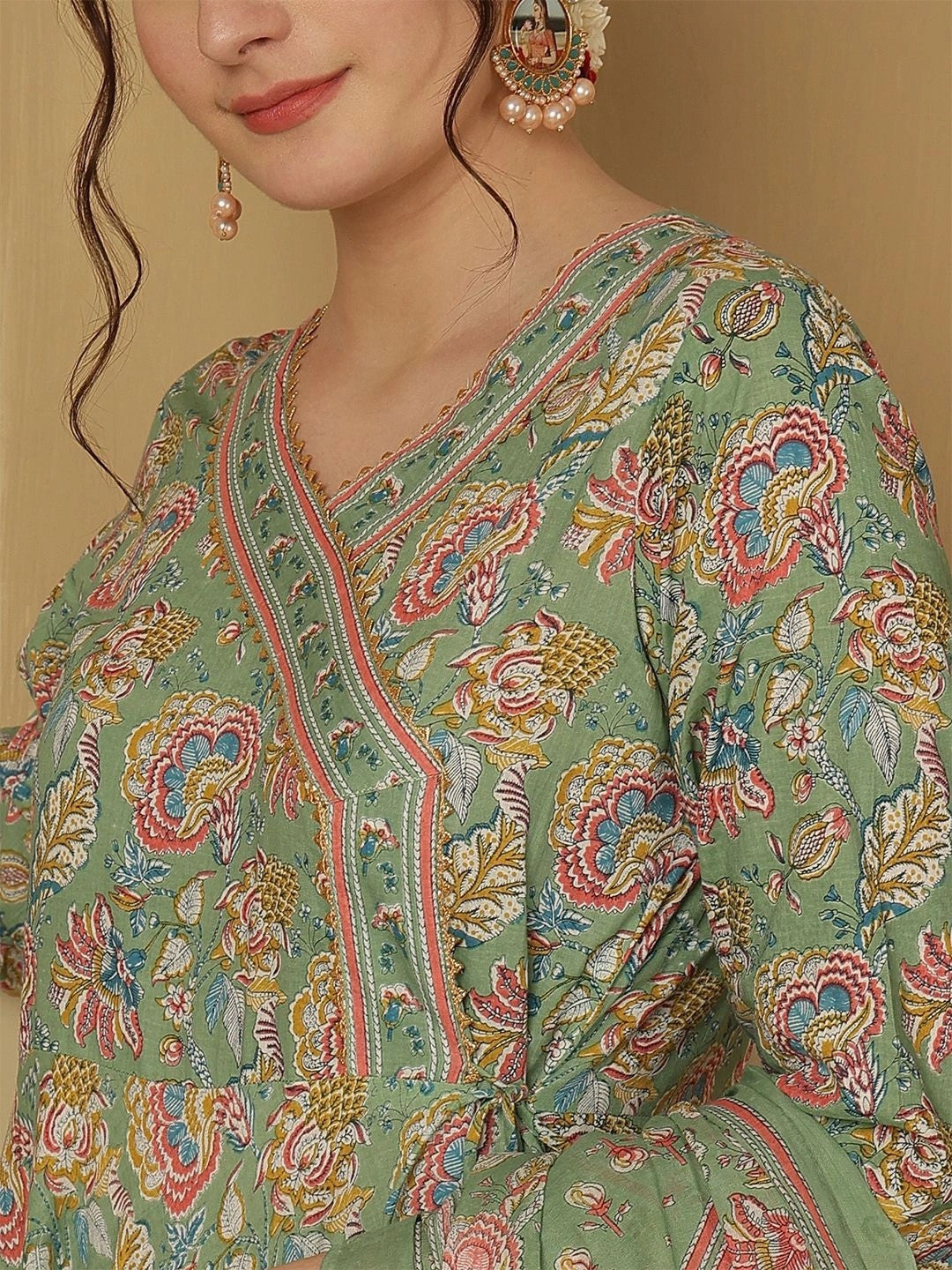 Women Floral Printed Angrakha Pure Cotton Kurta with Trousers & With Dupatta