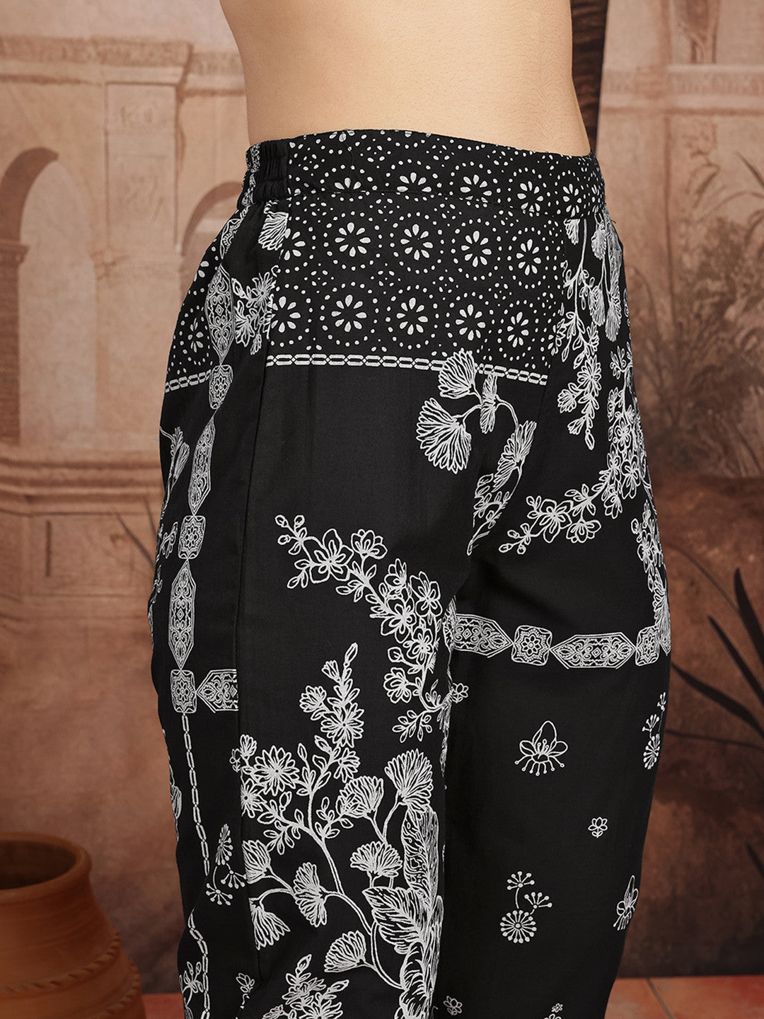 Floral Printed Monochrome Pure Cotton Kurta with Trousers