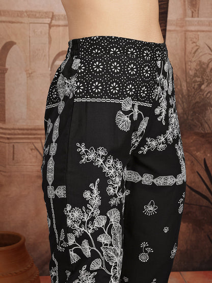 Floral Printed Monochrome Pure Cotton Kurta with Trousers