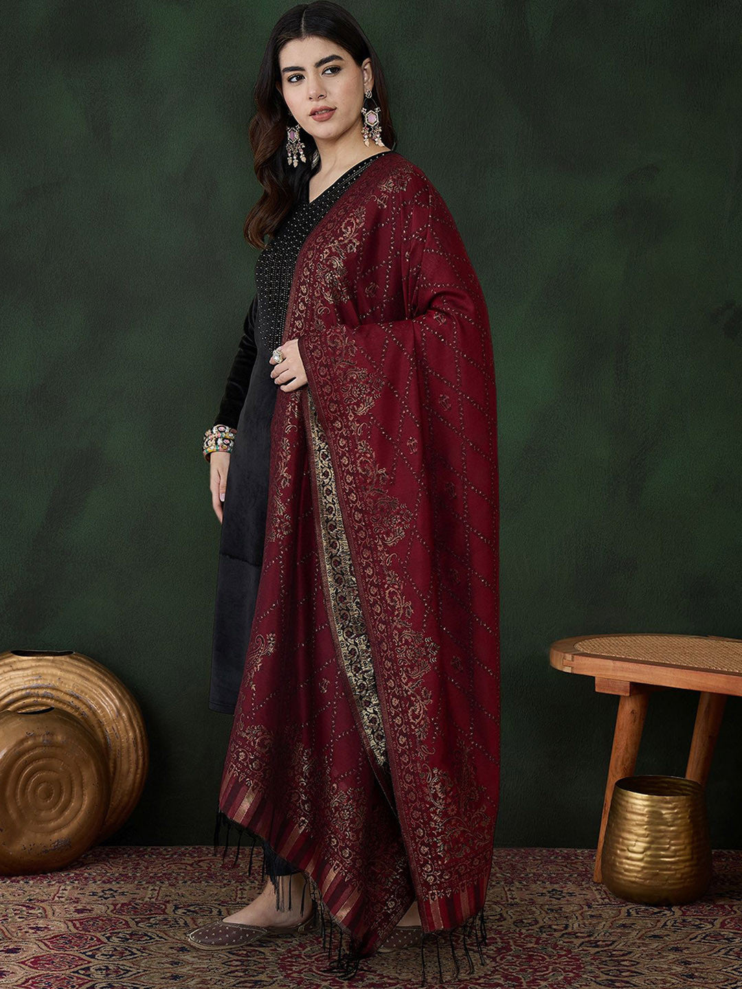 Black Geometric Yoke Design V-Neck Velvet Kurta With Trouser With Dupatta