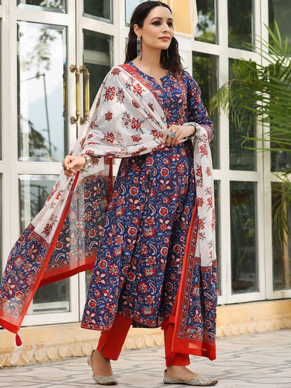 Dhiyona RR Women's Floral Printed Sequinned Pure Cotton Kurta with Trousers & Dupatta