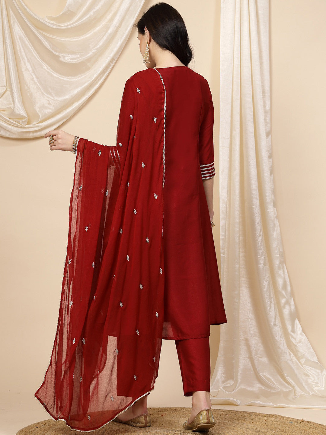 Maroon Mirror Work Embroidered Anarkali Kurta With Trouser & Dupatta