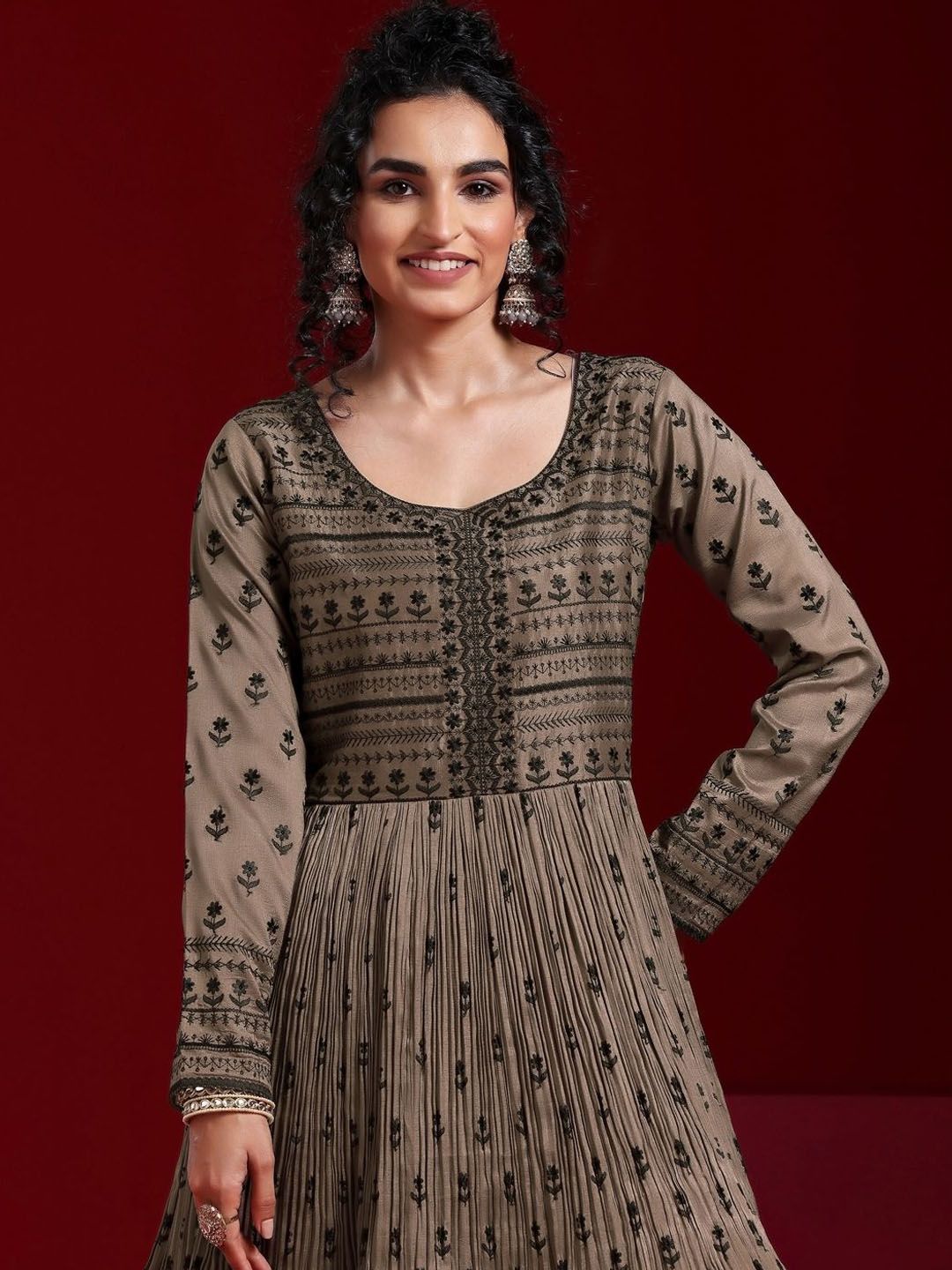 Dhiyona LL Womens Brown Embroidered A-Line Kurta With Sharara & Dupatta