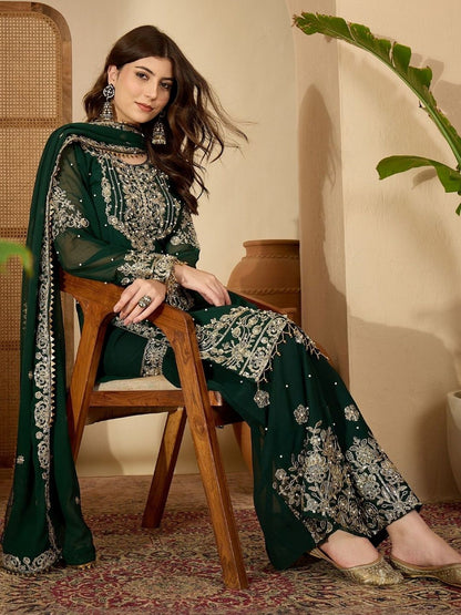 Dhiyona SN Women Floral Embroidered Thread Work Georgette Kurta With Sharara & Dupatta