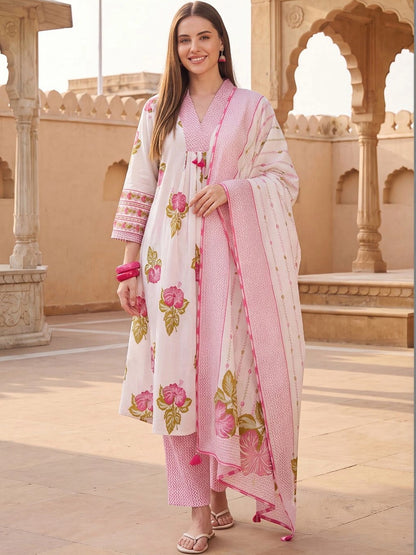 Women Floral Printed Regular Pure Cotton Kurta with Trousers & With Dupatta