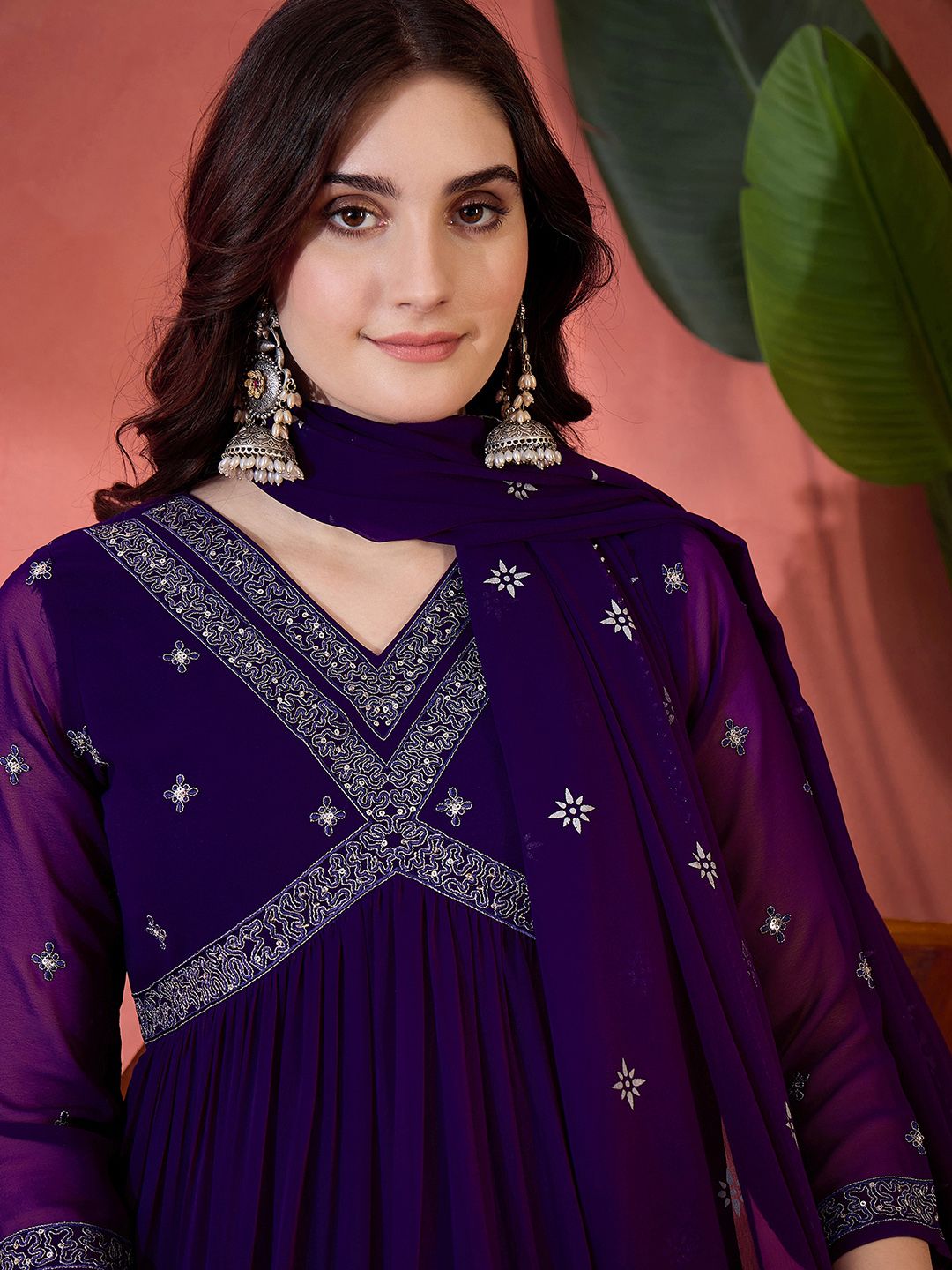 Dhiyona SN Women's Solid Floral Embroidered A-Line Pleated Empire Kurta & Trousers With Dupatta