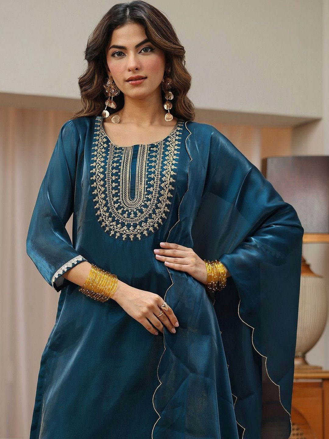Libas Navy Blue Yoke Design Tissue Straight Suit Set