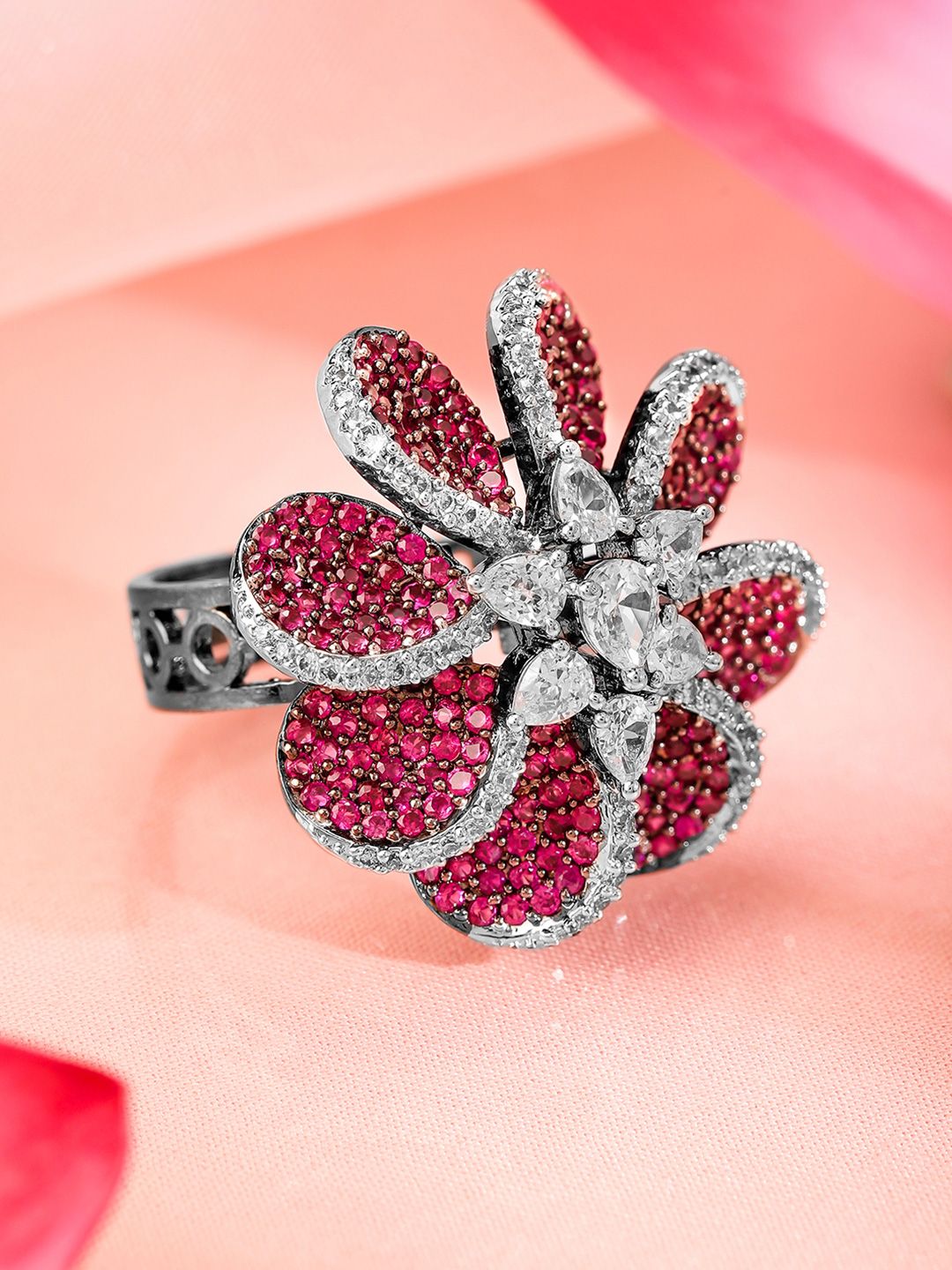 Dhiyona RJ Women's Rhodium Plated Cubic Zirconia-Studded Floral Adjustable Finger Ring