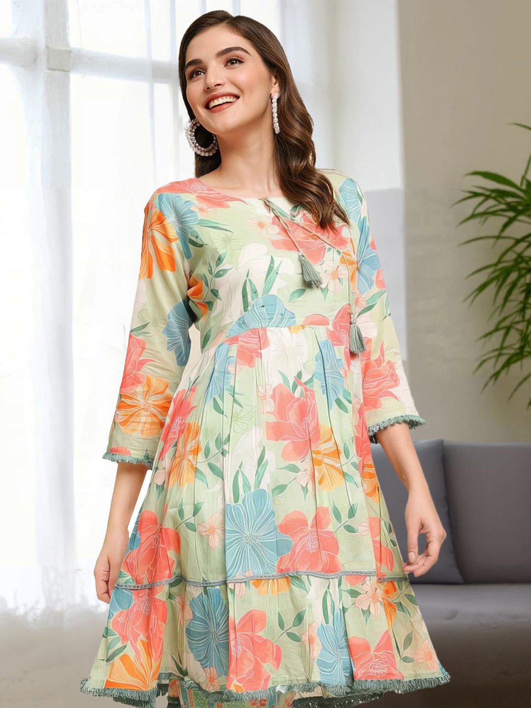 Dhiyona IS Women's Floral Green Printed Pure Cotton Empire Kurta With Trousers