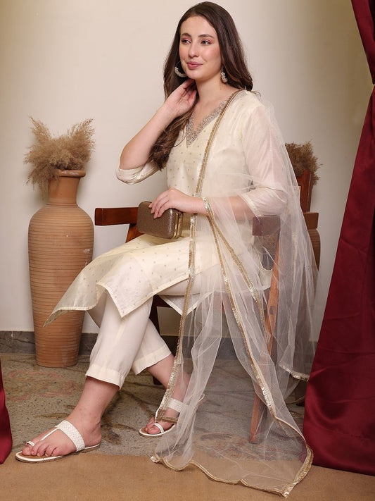 Dhiyona PD Women Floral Woven Design V-Neck Straight Kurta With Trouser & Dupatta