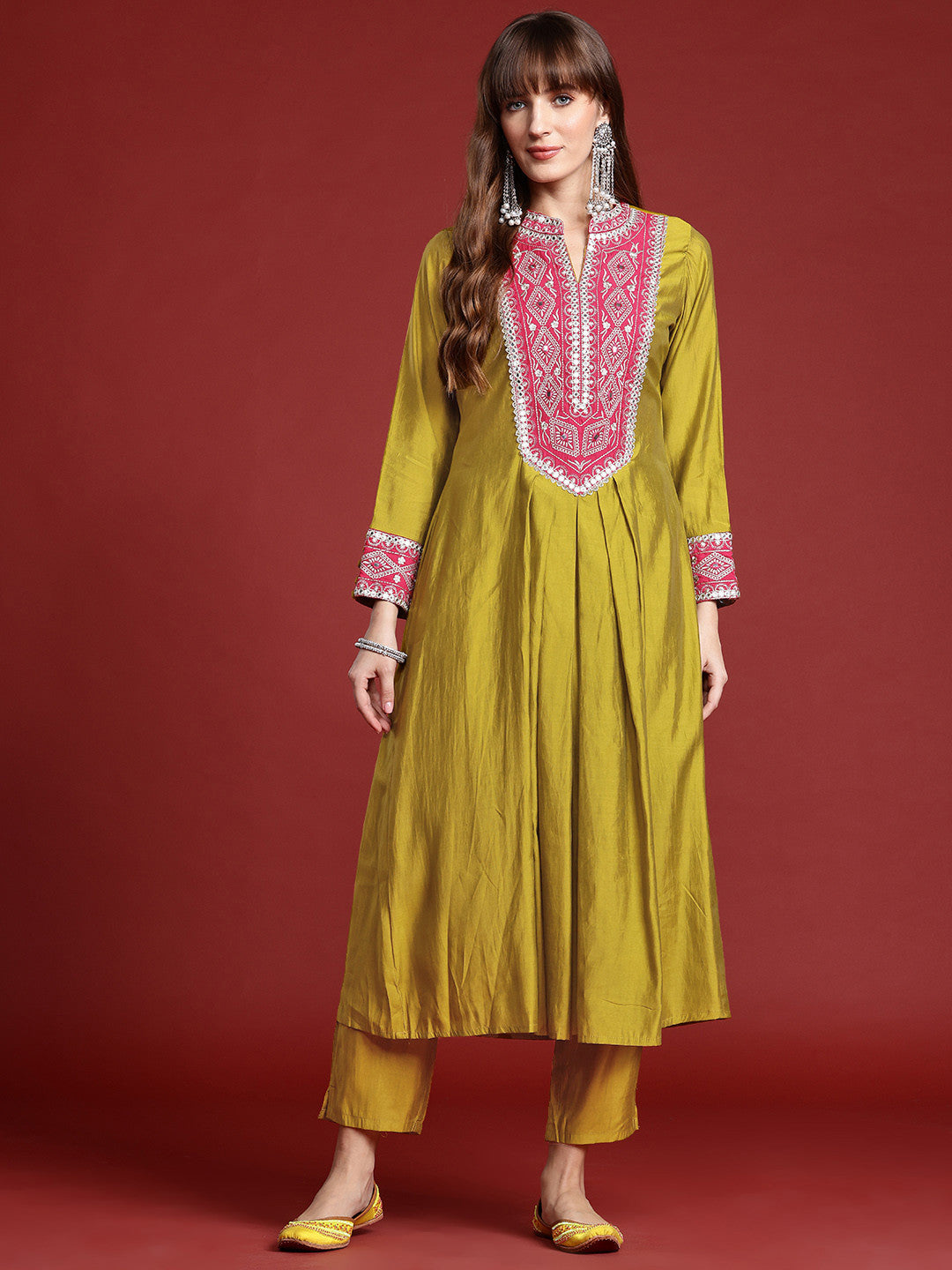 Mirror Work Embroidered Pleated Work Kurta with Trousers