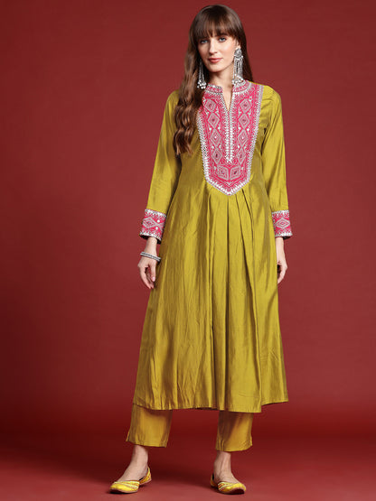 Mirror Work Embroidered Pleated Work Kurta with Trousers