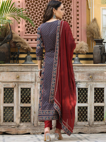 Dhiyona RR Women's Ethnic Motifs Printed Sequinned Pure Cotton Kurta Set