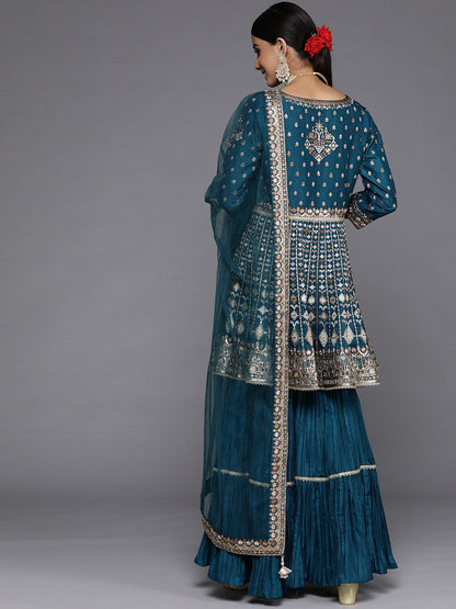 Dhiyona LL Teal & Gold-Toned Embroidered Sequinned Pure Silk Kurta with Sharara & Dupatta