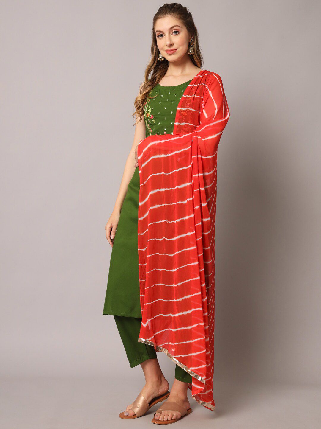 Dhiyona KL Floral Embroidered Mirror Work Kurta with Trousers & Dupatta