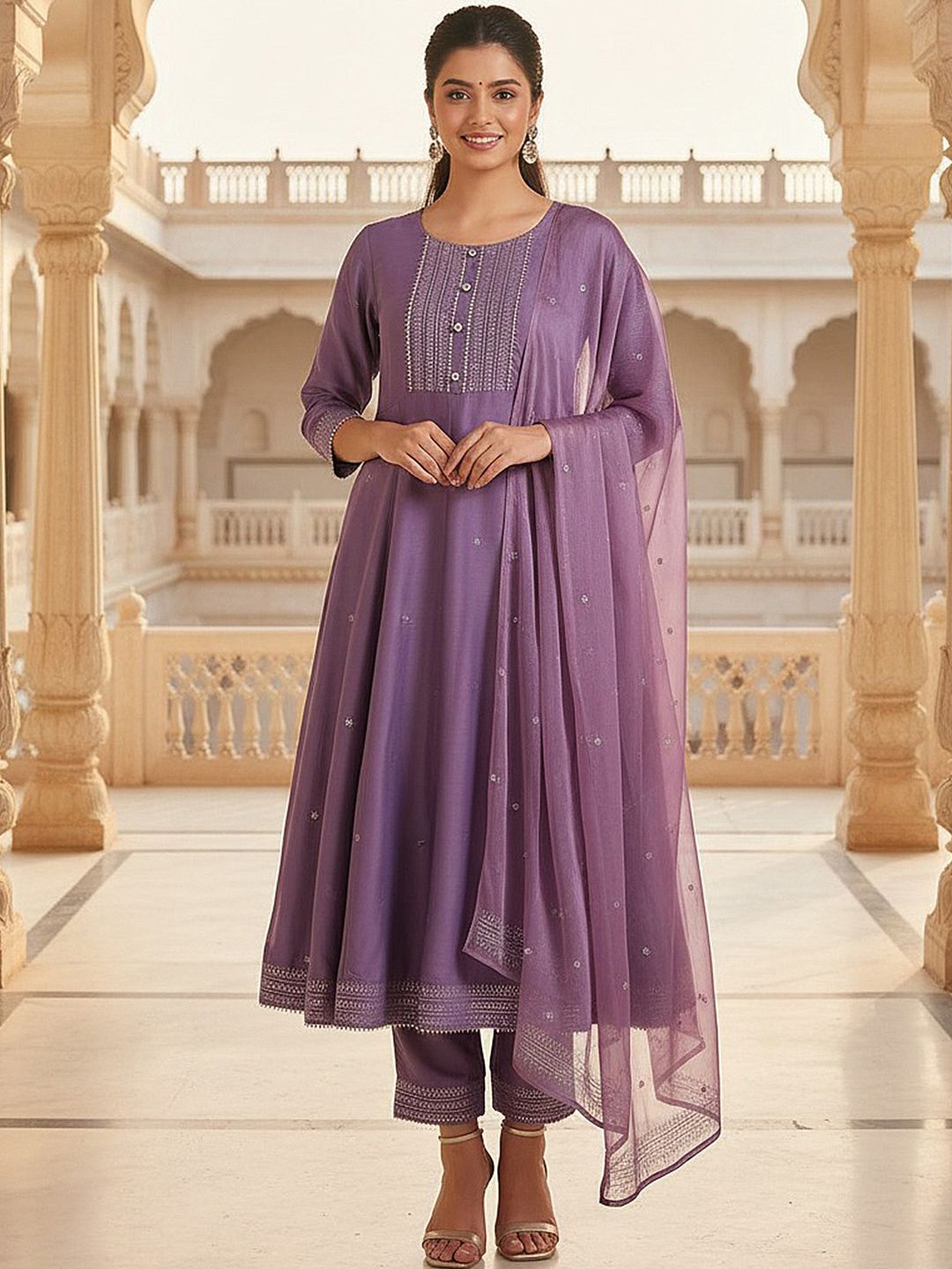 Dhiyona KL Floral Printed Gotta Patti Anarkali Kurta with Trousers & With Dupatta