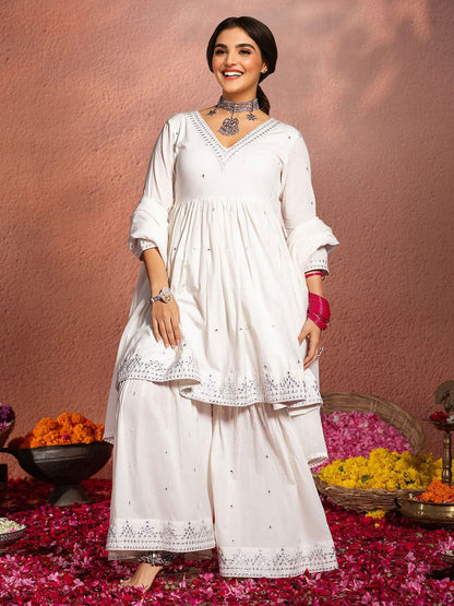 Dhiyona IS Women's Ethnic Motifs Embroidered A-Line Mirror Work Pure Cotton Kurta Set With Dupatta
