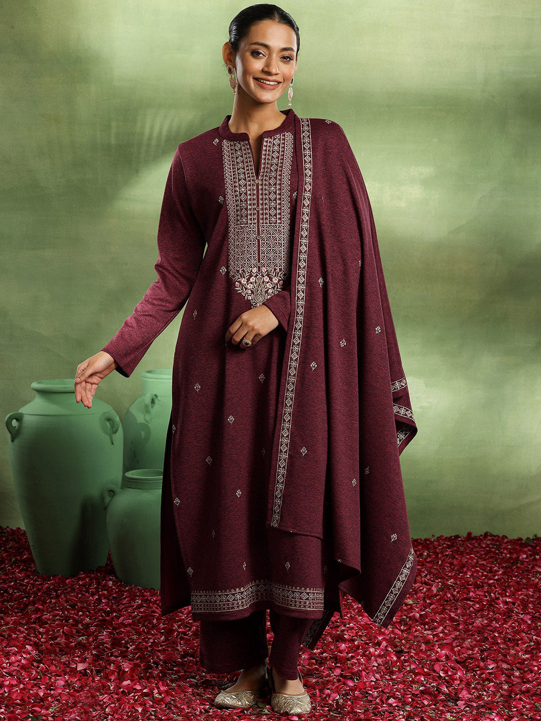 Floral Embroidered Thread Work Kurta with Trouser & Dupatta