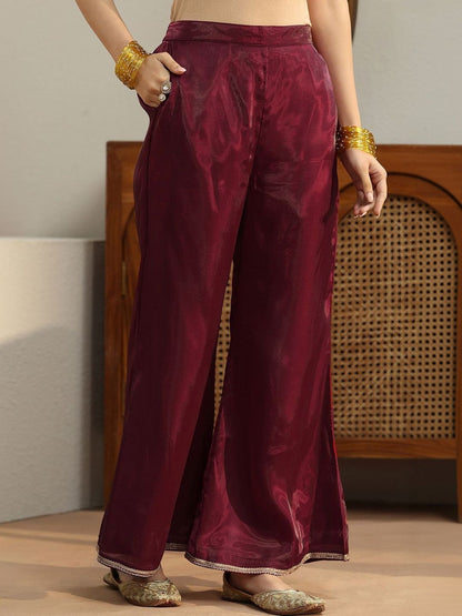 Libas Maroon Solid Tissue Palazzo Suit Set