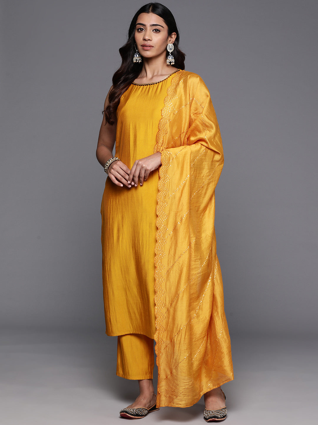 Regular Sequinned Kurta with Trousers Dupatta