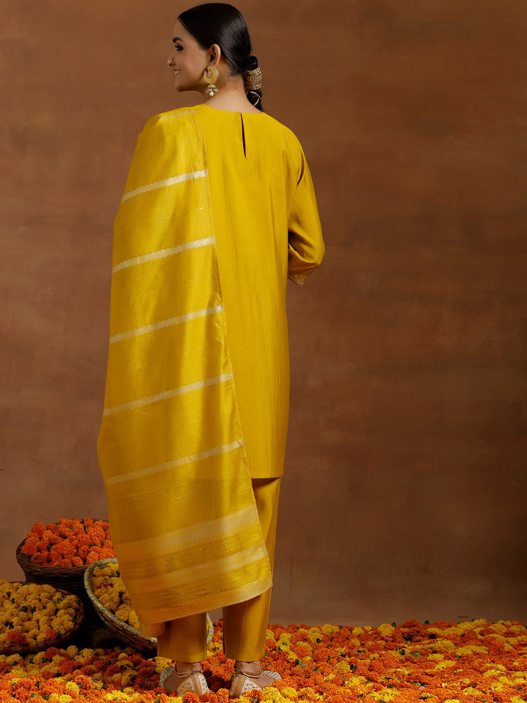 Floral Yoke Design Sequinned Straight Kurta With Salwar & Dupatta