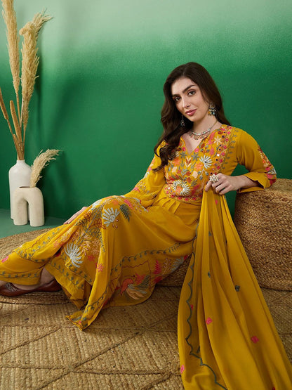 Dhiyona KL Floral Embroidered Thread Work Kurta With Palazzo & Dupatta