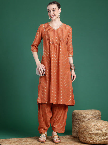 Ethnic Motifs Printed V-Neck Regular Thread Work Kurta with Patiala