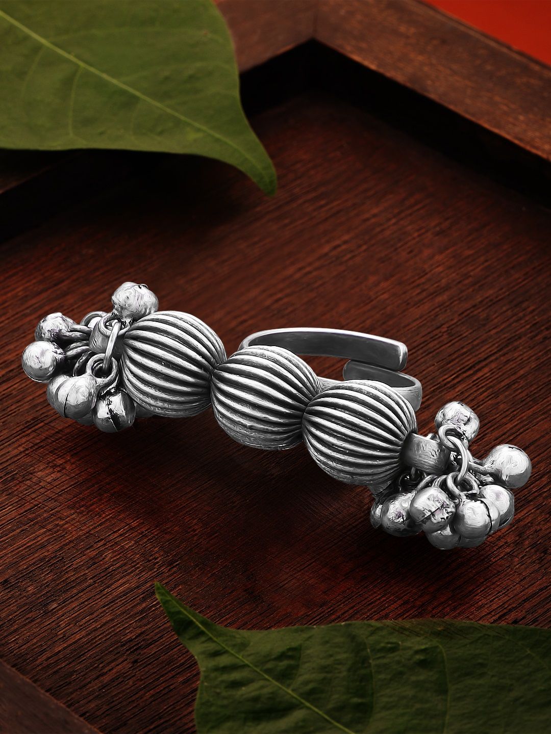 Dhiyona RJ Women's Oxidised Silver-Plated Ghungroo-Studded Handcrafted Adjustable Finger Ring