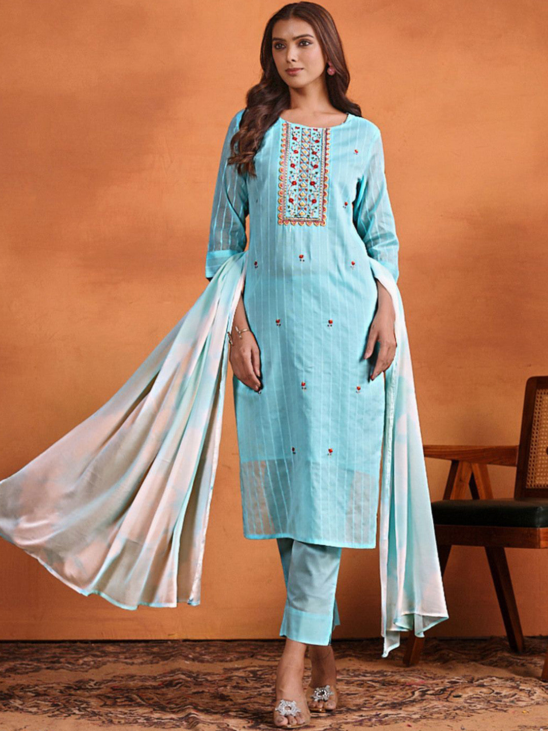 Women's Pure Cotton Straight Embroidered Kurta Pant With Dupatta Set