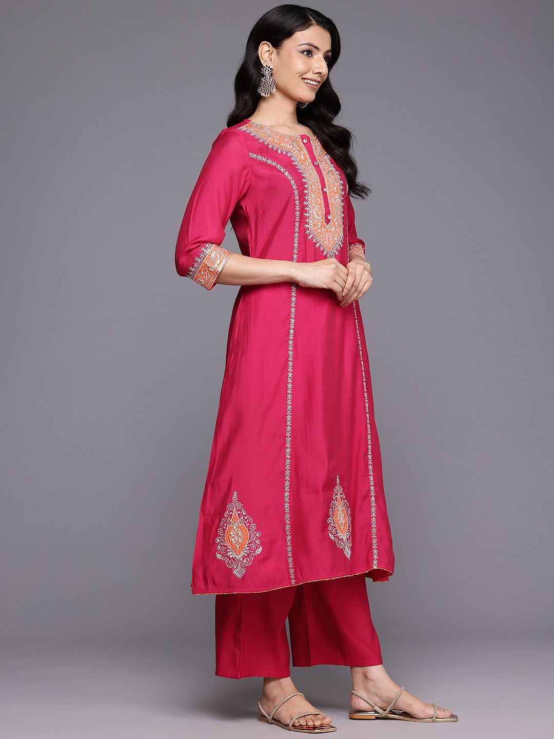 Dhiyona VA Ethnic Motifs Embroidered Zari Panelled Kurta With Palazzos & Dupatta