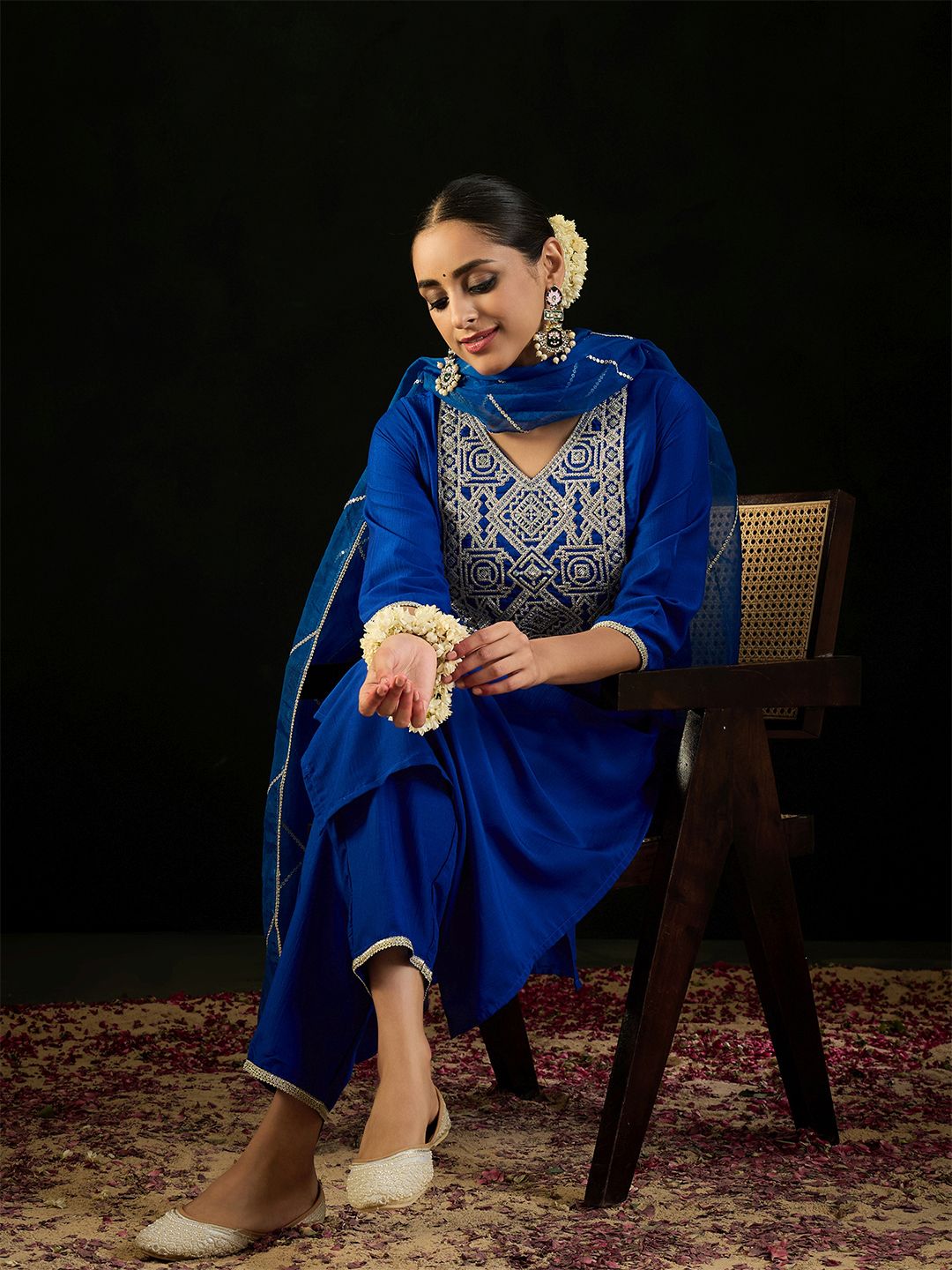Dhiyona IE V Neck Floral Yoke Design Zardozi Straight Kurta with Trouser & Dupatta