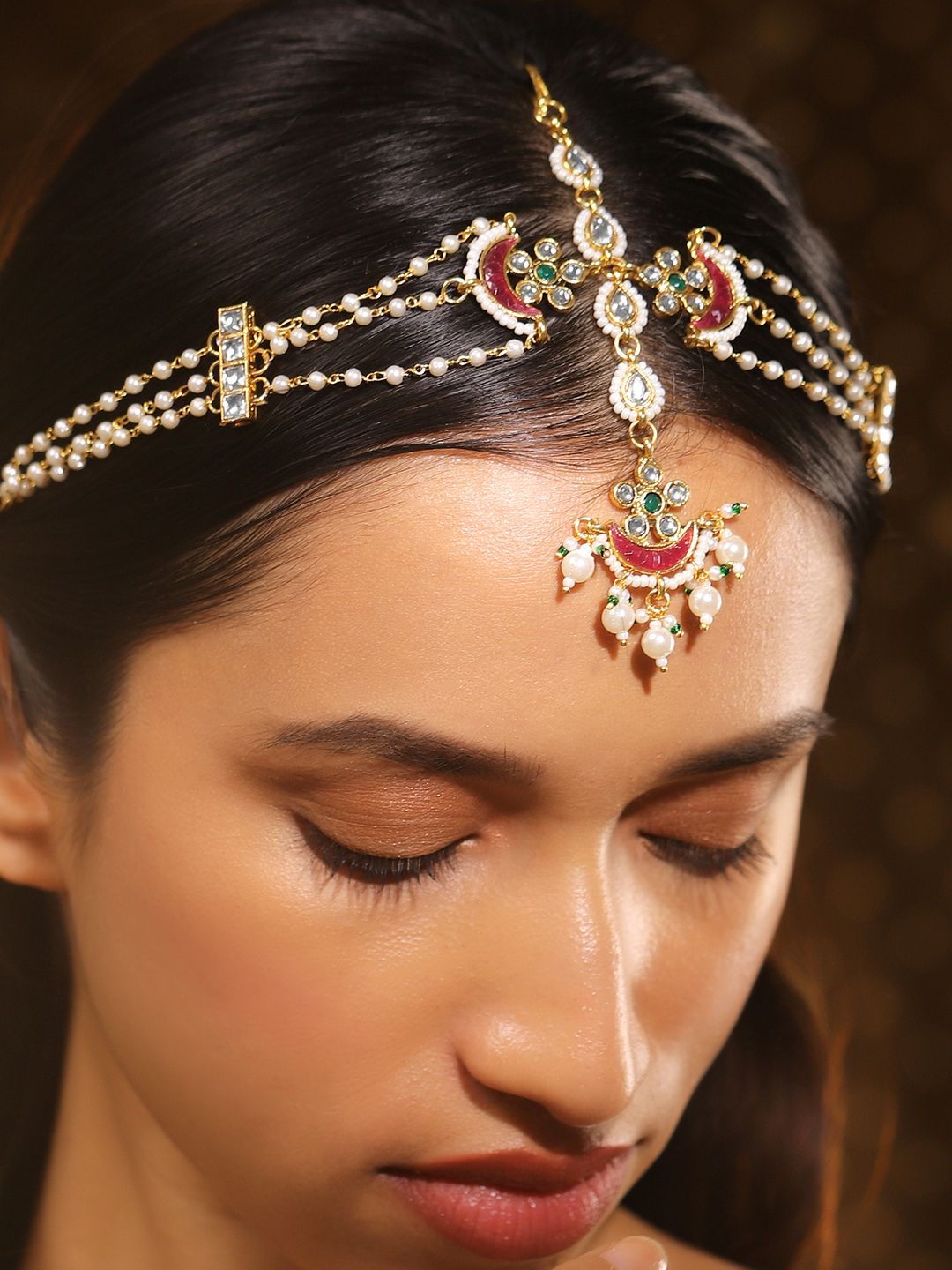 Dhiyona RJ Women's 22K Gold Plated Kundan & Pearl Studded Multi Strand Bridal Mattha Patti Headpiece
