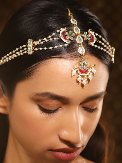 Dhiyona RJ Women's 22K Gold Plated Kundan & Pearl Studded Multi Strand Bridal Mattha Patti Headpiece