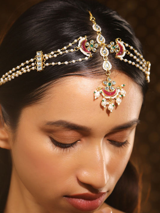 Dhiyona RJ Women's 22K Gold Plated Kundan & Pearl Studded Multi Strand Bridal Mattha Patti Headpiece