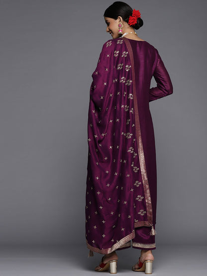 Dhiyona LL Women Purple Floral Embroidered Sequinned Kurta with Palazzos & Dupatta