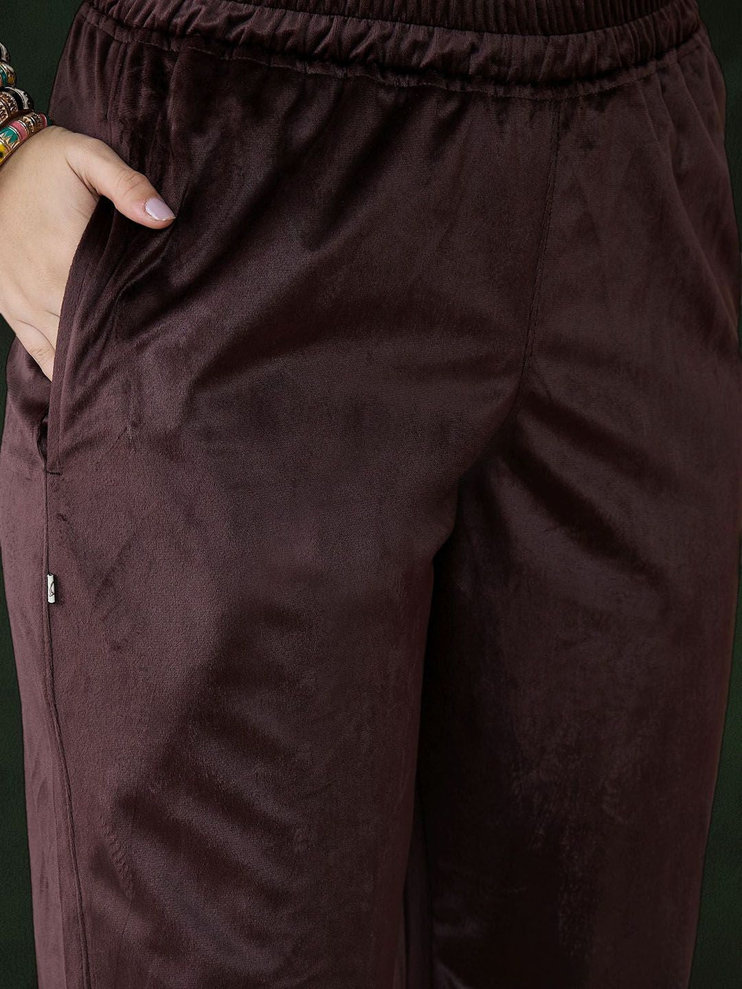Coffee Brown Floral Embroidered Velvet Kurta With Trouser With Dupatta