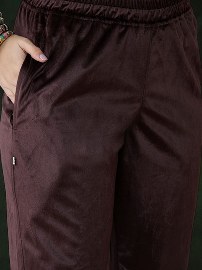Coffee Brown Floral Embroidered Velvet Kurta With Trouser With Dupatta